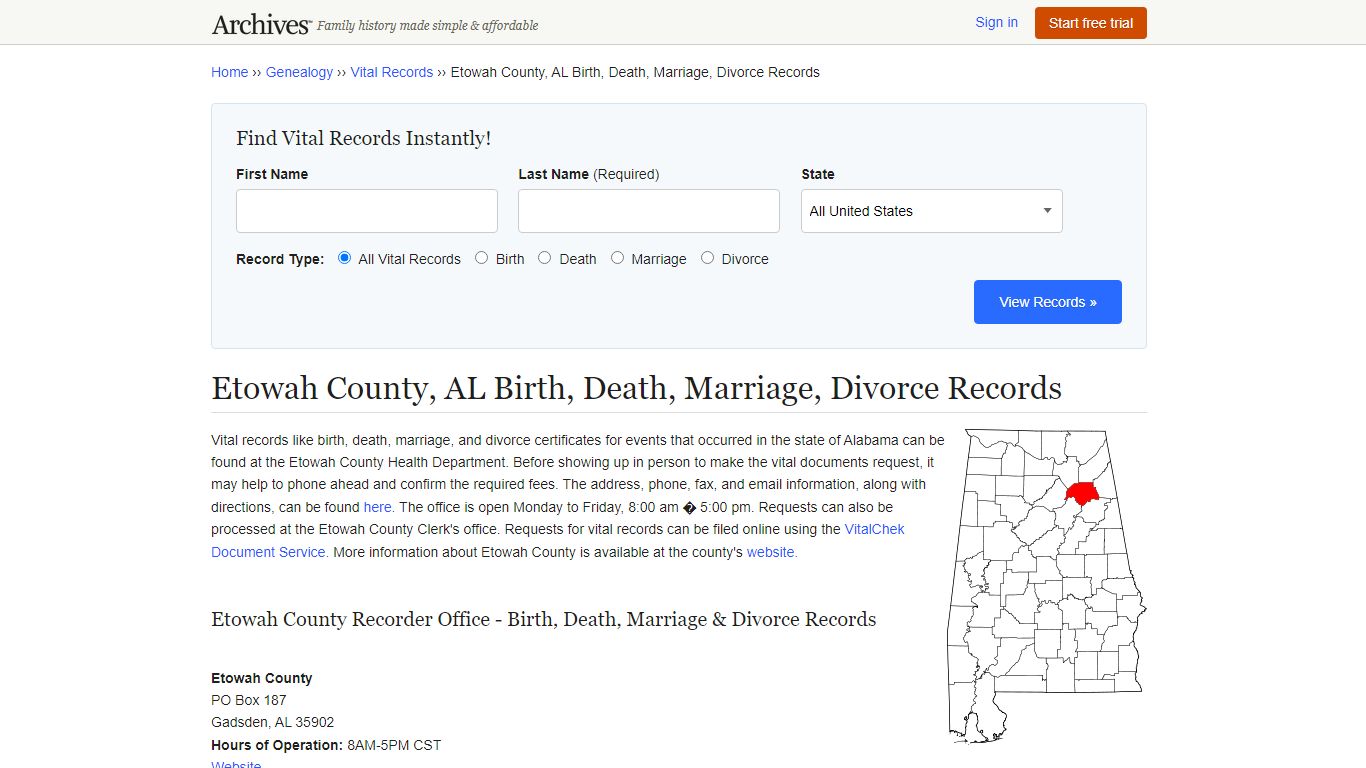 Etowah County, AL Birth, Death, Marriage, Divorce Records